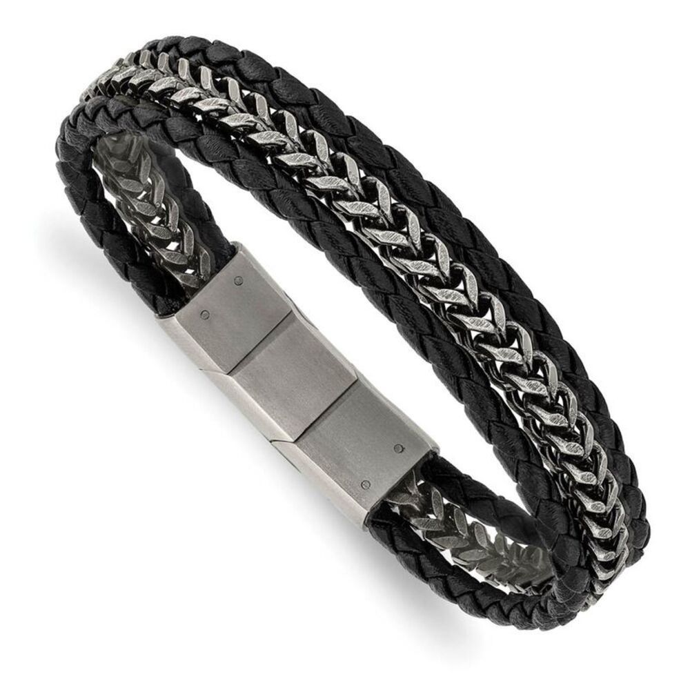 Stainless Steel Black Leather Antiqued Strand Bracelet, 7.75-8.25 Inch